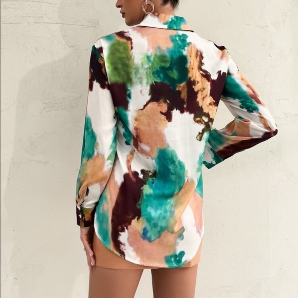 Luxe Satin Tie Dye Water Color Work Office Button Up Shirt Blouse Top - Picture 4 of 6